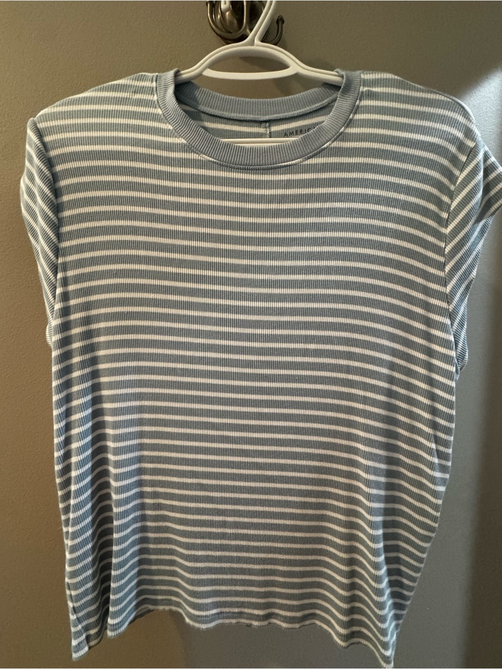 American Eagle Outfitters Blue and White Striped Muscle Tee